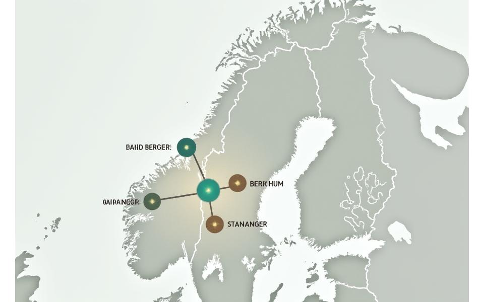 Stilisert kart over Norge med lysende punkter som representerer Fjordgard Ateliers nettverk av bærekraftige partnere og innovative tekstilprodusenter.