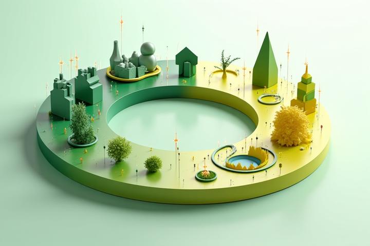 Infografikk som viser bærekraftig transformasjon i motebransjen med grønne pil oppover, symboliserer vekst og redusert miljøpåvirkning.