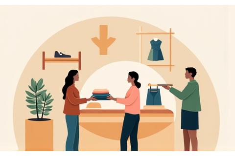 En illustrasjon av en mote-forhandler som tar imot brukte klær fra en kunde, med fokus på gjenbruk og sirkulær økonomi.