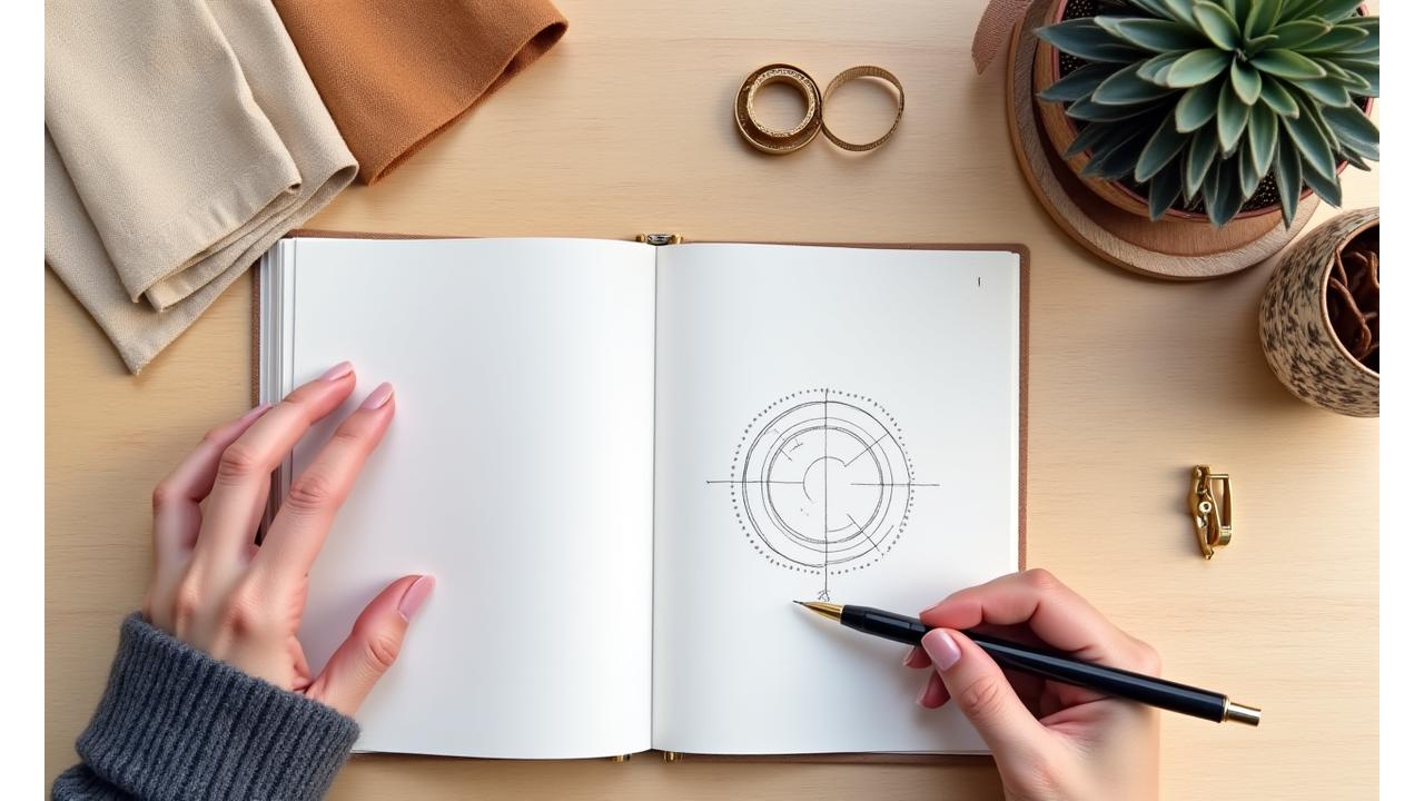 En hånd skriver på en notatblokk med blyant, ved siden av ligger et linsereklokke og stoffprøver, symboliserer planlegging og bærekraftig design