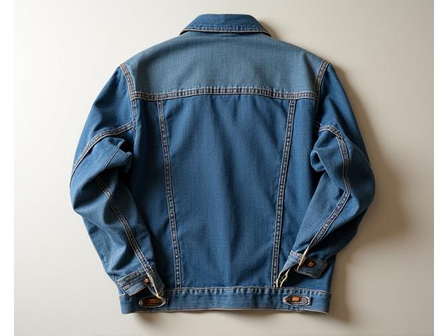 Før bilde av en slitt vintage denimjakke med revne albuer og falmet farge