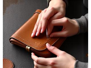 Hender som restaurerer skinn på en vintage veske