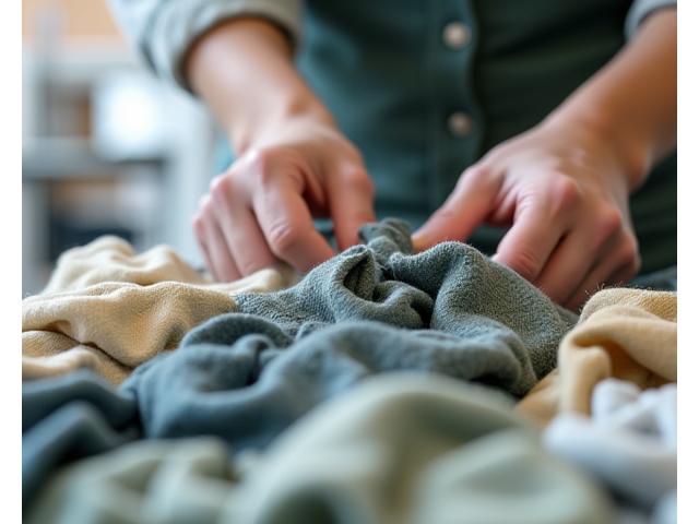 Nærbilde av ulike tekstiler som sorteres for resirkulering, med fokus på kvalitet og farge