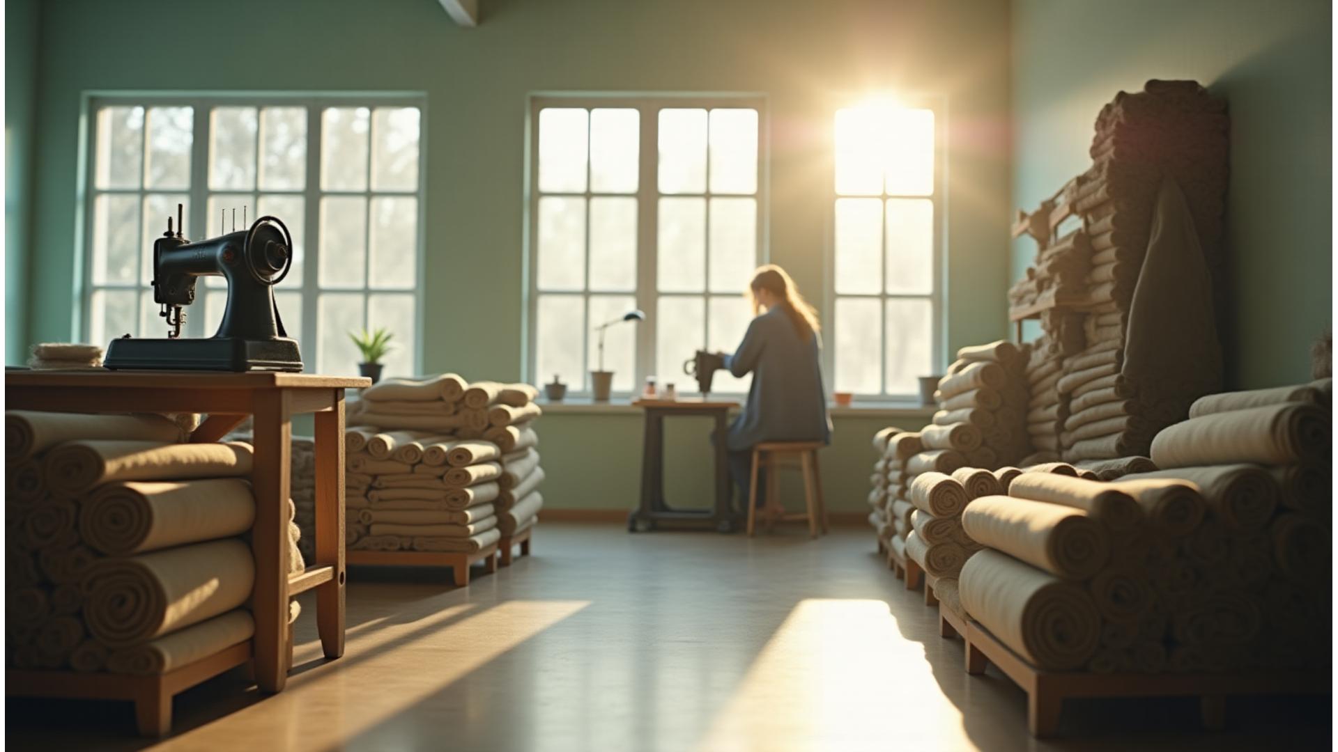 Interiør fra Fjordgard Ateliers lyse atelier, med naturlige tekstiler og en skredder i bakgrunnen som arbeider ved en symaskin, fanget i mykt nordisk lys.