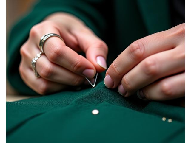 Detaljert bilde av håndlaget skreddersøm på et dyrebart stoff, som illustrerer presisjon og håndverk.