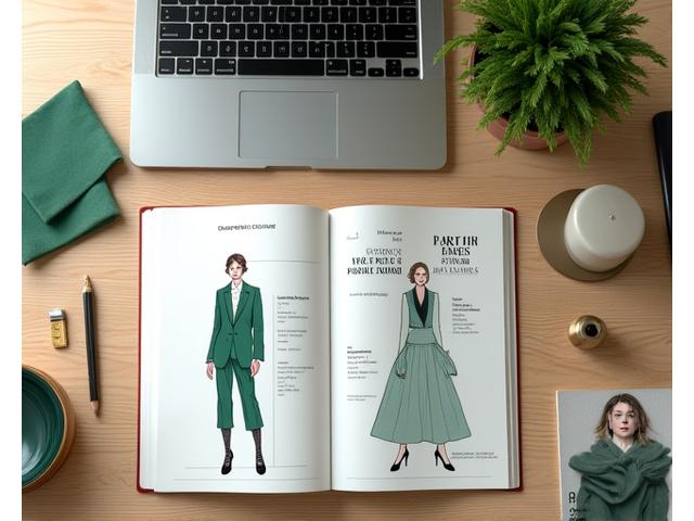 En skissebok fylt med motedesignideer og logoer på et rent arbeidsbord, omgitt av designverktøy.