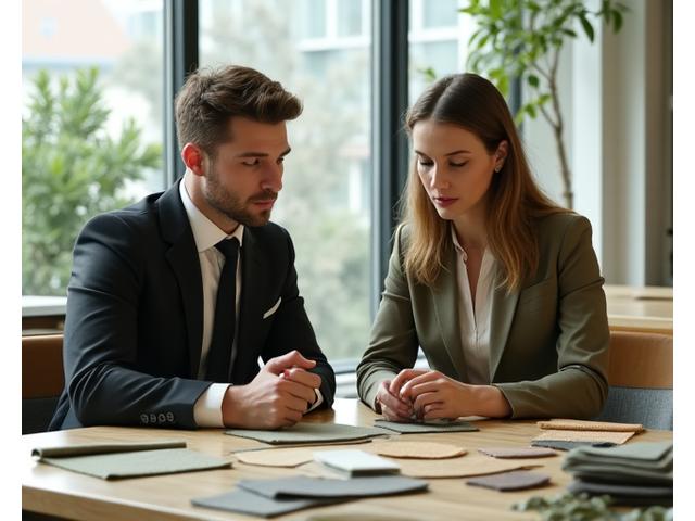 To personer som diskuterer bærekraftige tekstilprøver, med naturlig lys, i et moderne kontormiljø.