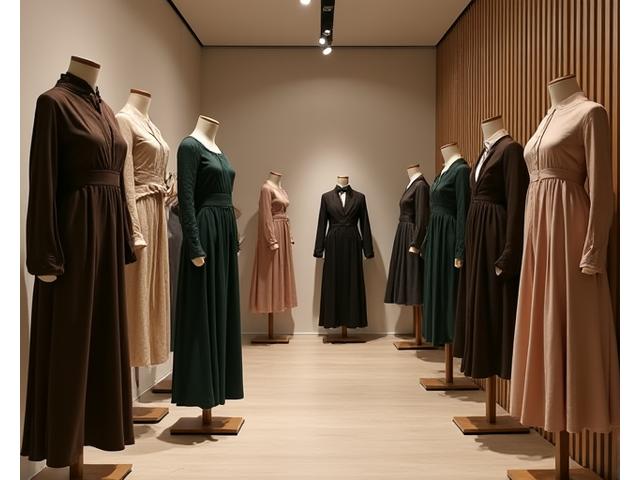 En elegant kleskolleksjon arrangert på stativer i et galleri, med fokus på unike teksturer og former.
