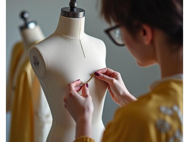 En designer som inspiserer en ferdig sydd prototype på en mannequin, med fokus på detaljer og passform.