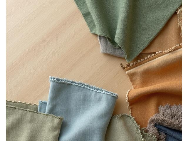 Nærbilde av ulike naturlige og resirkulerte stoffprøver lagt ut ryddig på et trebord.