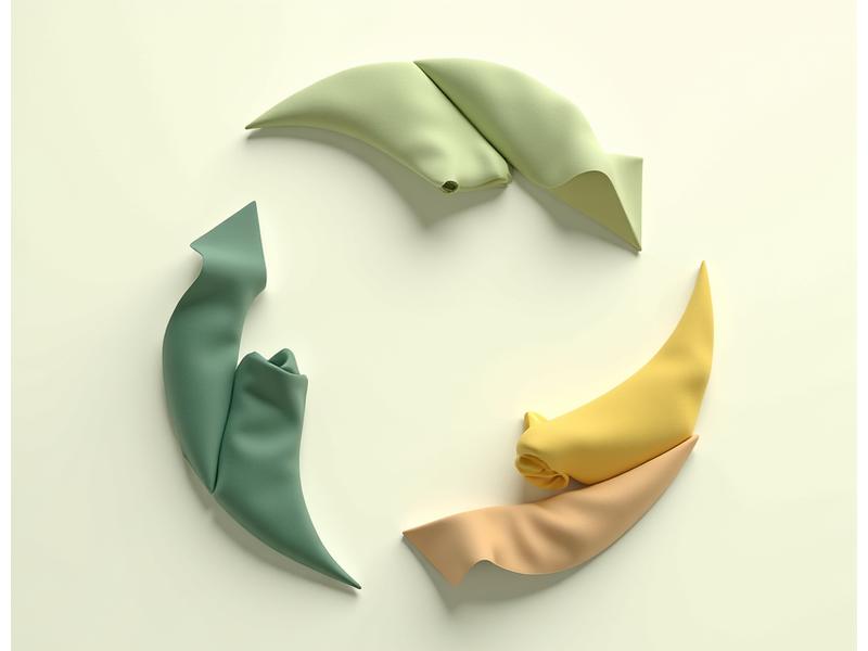 Infografikk som visualiserer et sirkulært designsystem for tekstiler, med piler som indikerer gjenbruk, resirkulering og forlengelse av produktets levetid.