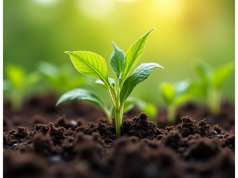 Nærbilde av jord med grønne skudd og plantebaserte fibre, som symboliserer regenerative tekstiler.