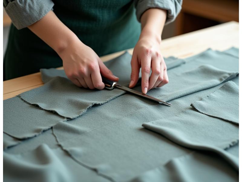 En skredder som omhyggelig kutter et stoffstykke for å minimere avfall, med mønsterbiter tett plassert foran symaskinen.