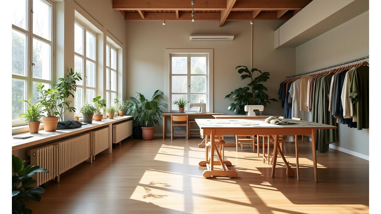 Et rent, lyst og moderne studiointeriør hos Fjordgard Atelier, med nordisk minimalistisk design, store vinduer, tekstilprøver, tegnebrett og symaskiner. Farger: grønn, beige, tretoner.