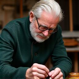 Portrett av Emil Knudsen, mesterskredder i Fjordgard Atelier, som utfører presisjonsarbeid på et plagg.