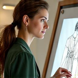 Portrett av Ingrid Solberg, seniordesigner i Fjordgard Atelier, som skisserer et nytt design.