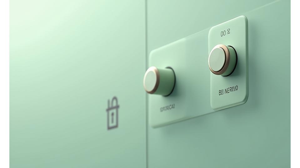 Et digitalt dashbord med veksleknapper og glidebrytere for personverninnstillinger og informasjonskapsler, i et rent, nordisk design, med en liten, elegant låseikon som symboliserer sikkerhet.