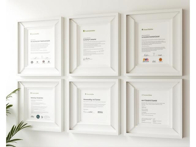 En ryddig vegg med innrammede sertifikater som GOTS, OEKOTEX, SA8000, og andre bærekrafts- og kvalitetssertifiseringer, med en glansfull, profesjonell belysning.
