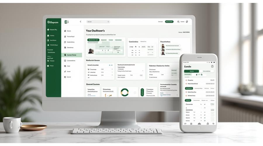 En skjermdump av en ryddig og brukervennlig klientportal, som viser forskjellige widgets for prosjektstatus, kommunikasjon, QC-rapporter og tidslinjer, optimalisert for både desktop og mobil.