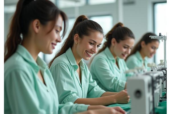 En gruppe smilende, engasjerte tekstilarbeidere i rene, godt belyste omgivelser, som arbeider med moderne symaskiner, med fokus på fellesskap og etikk.