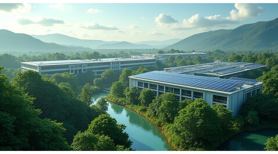 Et miljøvennlig produksjonslokale sett ovenfra, med solcellepaneler på taket, grønne arealer rundt, og synlige systemer for vannrensing og resirkulering.