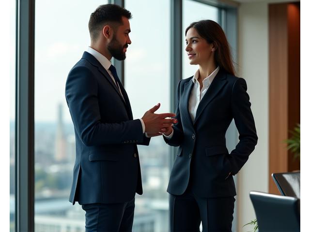 To ledere i skreddersydde, profesjonelle antrekk som diskuterer i et moderne kontormiljø.