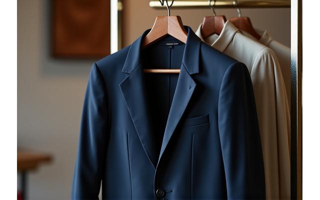 Ferdig skreddersydd plagg (f.eks. en dress eller kjole) henger elegant, klar for levering, i et lyst ateliermiljø.