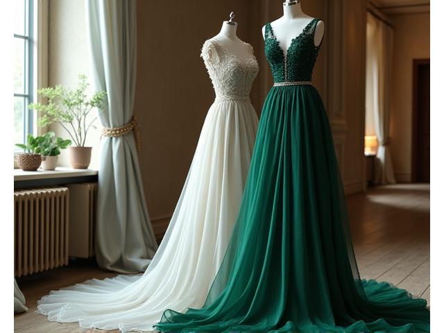 En overdådig gallakjole med intrikate detaljer og flytende silhuett.