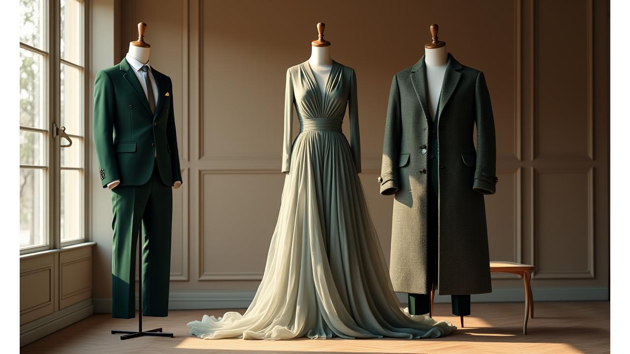 Slideshow av Fjordgard Ateliers imponerende skreddersydde kreasjoner, inkludert en skreddersydd dress, en gallakjole og et elegant ytterplagg.