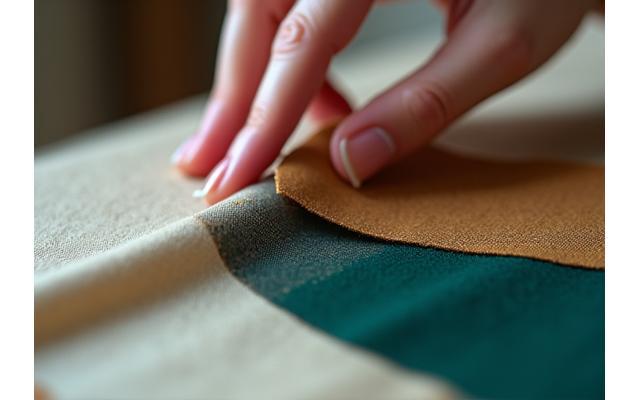 Nærstudie av ulike luksuriøse tekstilprøver, inkludert silke og ull, holdt av en hånd med et bakgrunnsbilde av et atelier.