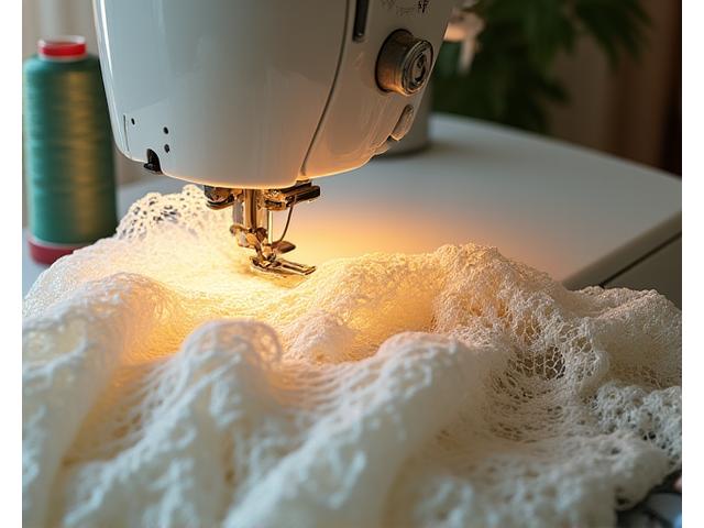 En vintage blondekjole som blir omgjort på en symaskin, med nåler og tråder rundt.