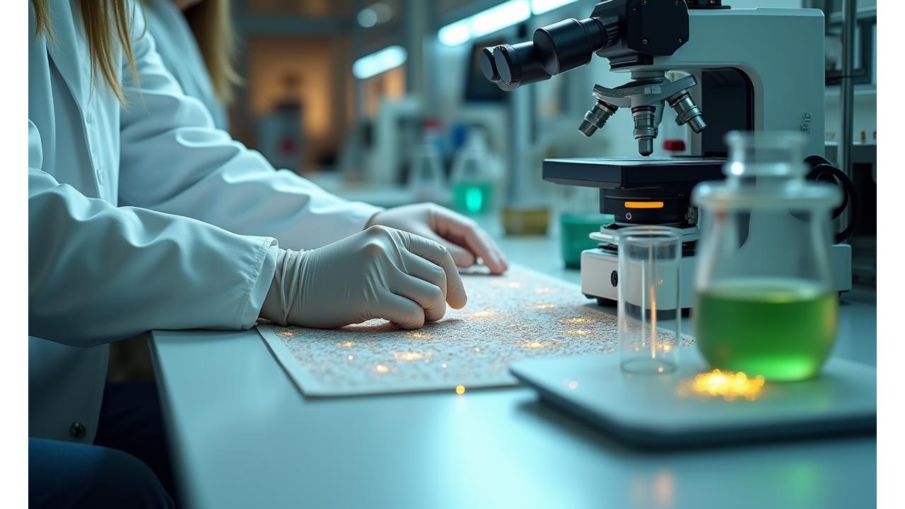 Et moderne laboratoriemiljø med forskere som arbeider med tekstilprøver og avansert utstyr for materialutvikling.