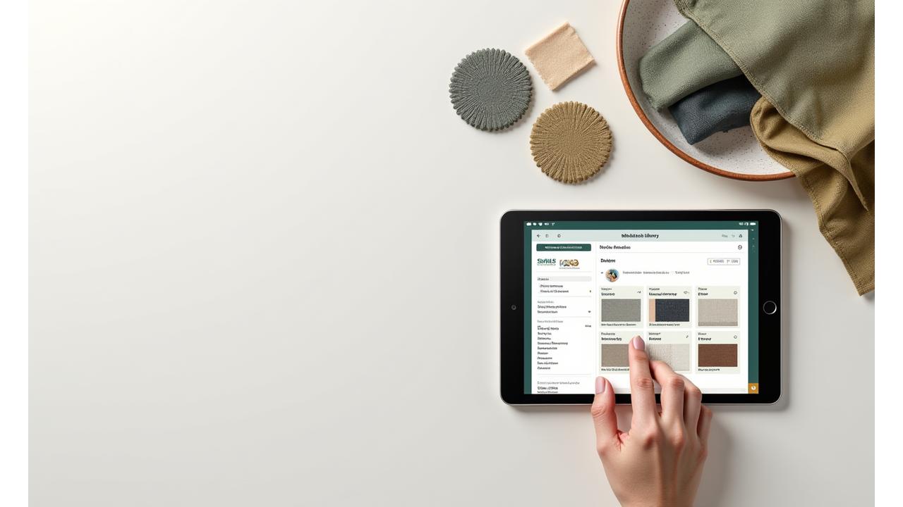En elegant digital grensesnitt som viser et online materialbibliotek med avanserte søkefunksjoner og prøvekart, samt en hånd som berører en prøve av et stoff.