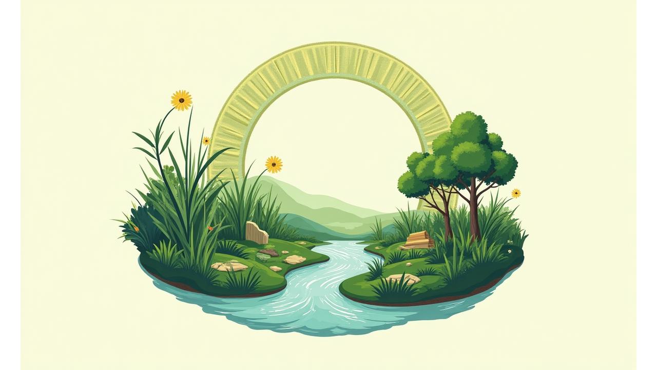 Illustrasjon som viser en sunn, levende sirkulær økonomi med frodige planter og ressurser som flyter i et uendelig kretsløp, symboliserende regenerativ mote.