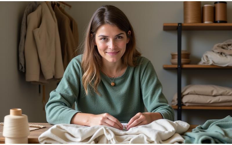 En kvinne med designerklær jobber ved et sybord med stoffprøver, bildet reflekterer etiske produksjoner